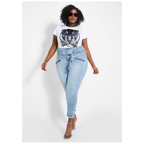 Ashley Stewart Denim - Edgy Grommet Belted Skinny High Waist Jeans